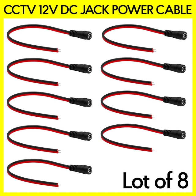 8 Pack CCTV DC Jack Female Pigtail 2Wire Red Black 8" Cord Power Cable Connector