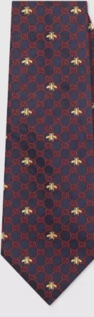 Gucci Men Tie Made In Italy Gold Bee Interlock GG Monogram Pattern Burgundy Navy