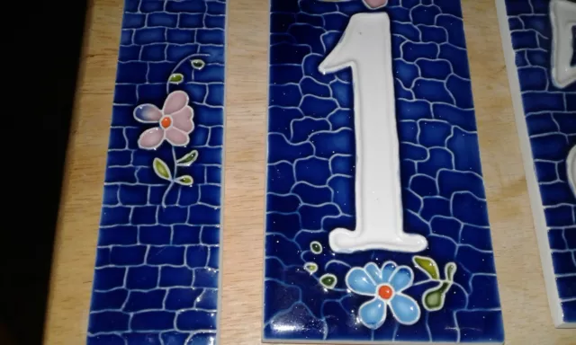 Lot of 6 House Address Number Ceramic Tile Flower Textured Blue Decor 1-5-4-5