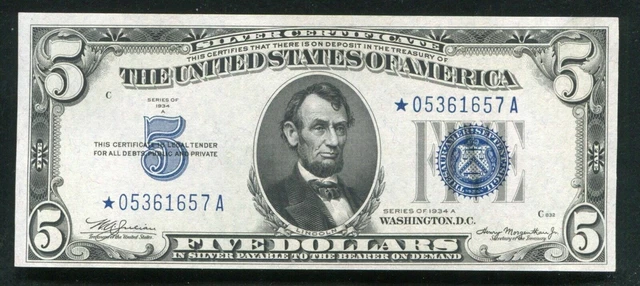 1934-A $5 Silver Certificate SCARCE Fr 1651*m Mule Micro Back Plate STAR Gem CU