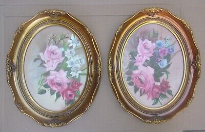 Lot Of 2 Victorian Style Oval Picture Frames With Flower Paintings 12 X 15