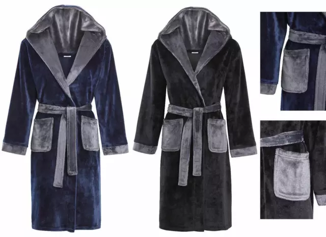 Boys Dressing Gown Fleece Hooded Childrens Robe Flannel Supersoft NavyBlue Black
