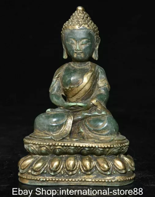 6" Old China Green Jade Gilt Carved Feng Shui Shakyamuni Amitabha Buddha Statue