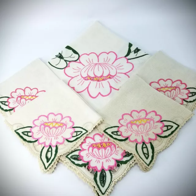 Vintage Handmade Linen Tablecloth Napkins Cutwork Embroidery 40's Pink Green