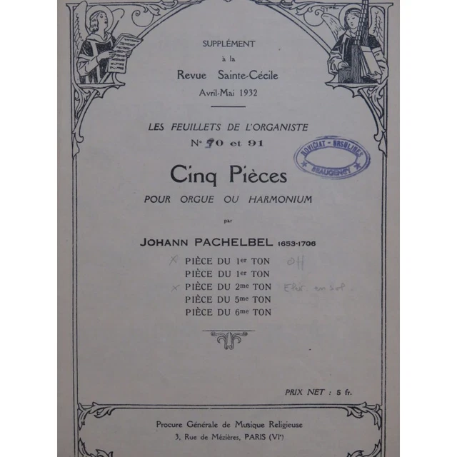 PACHELBEL Johann Cinq Pièces Orgue ou Harmonium 1932