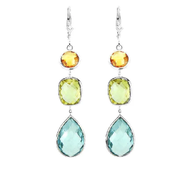 14K White Gold Earrings With Citrine, Blue and Lemon Topaz Gemstones Drop