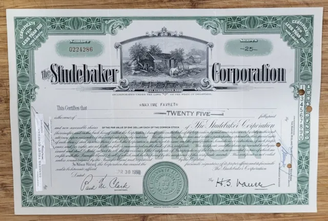 Stock Certificate Studebaker Corporation Less than 100 Shares