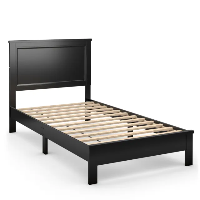 Twin Size Bed Frame Platform Slat High Headboard Bedroom Rubber Wood Leg Black