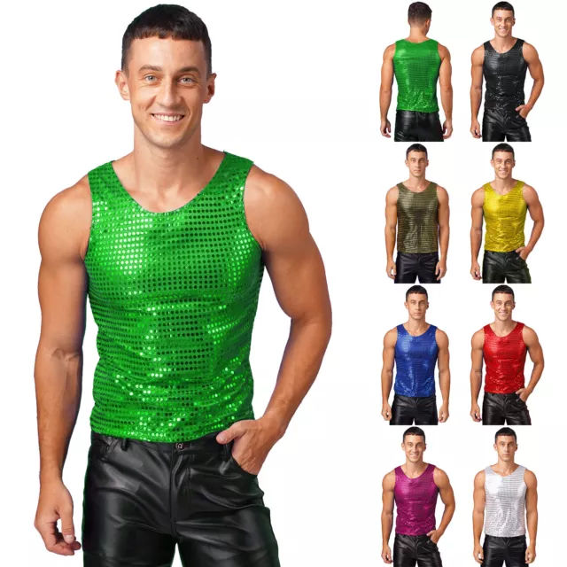 Mens Sequin Sleeveless Nightclub Tank Tops Round Neck Slim Fit T Shirt Party Top