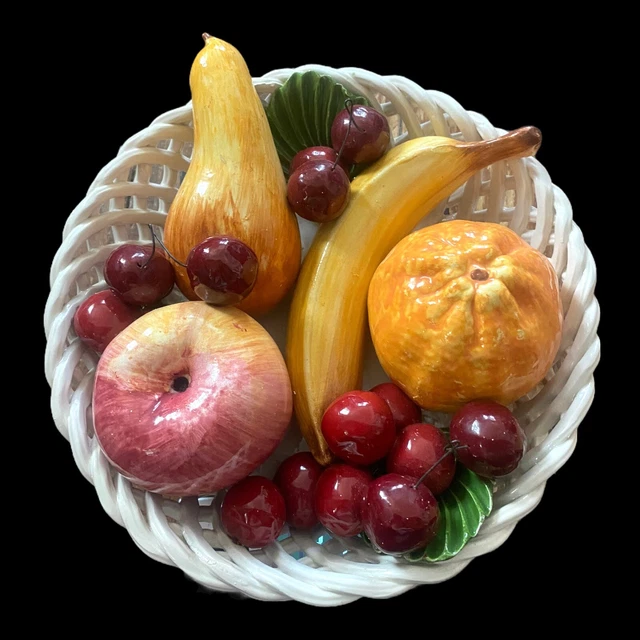 Vtg Majolica Bassano Fruit Basket Bowl Woven Ceramic Glazed Made in Italy