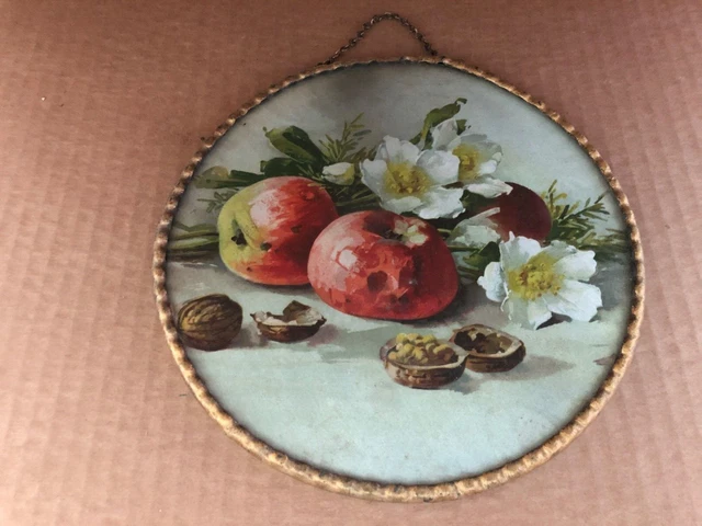 Vintage GERMANY FLUE COVER Flowers Fruit Apples Nuts Crimped Edge #3