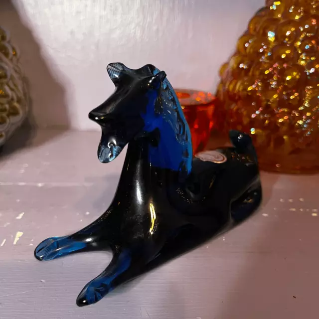 Vintage Rainbow Glass Cobalt Blue Horse Laying Down Resting With Sticker