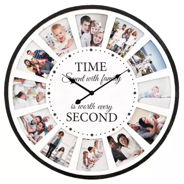 12 Photo Collage Family Quote Wood Wall Clock, Rustic Farmhouse Wall Clock, L...