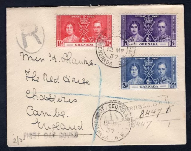 GRENADA 1937 Coronation FDC Cover. Registered to England