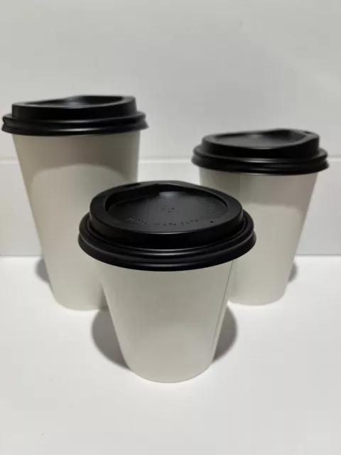 50pk 8/12/16oz White paper coffee cups with black or white lid Takeaway Cups