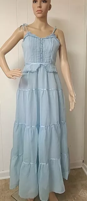 Vtg Candi Jones California Tiered Blue Cottage Prairie Maxi Sun Dress M?