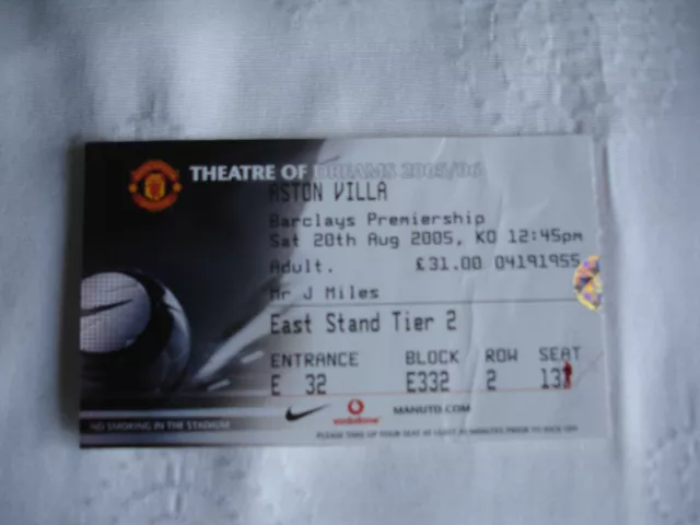 Manchester United v Aston Villa TICKET STUB 20 Aug 2005 Premier League