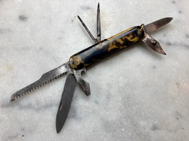 Ancien Couteau Multifonctions 7 Outil Celluloid Ecaille  Vintage Knife