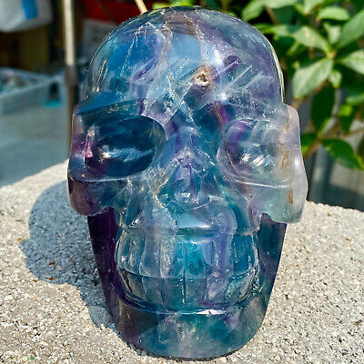 3.78LB Natural fluorite skull quartz hand carved crystal skull healing.