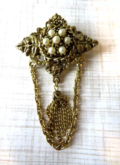 Vintage Ornate Faux Pearl Dangle Tassel Brooch