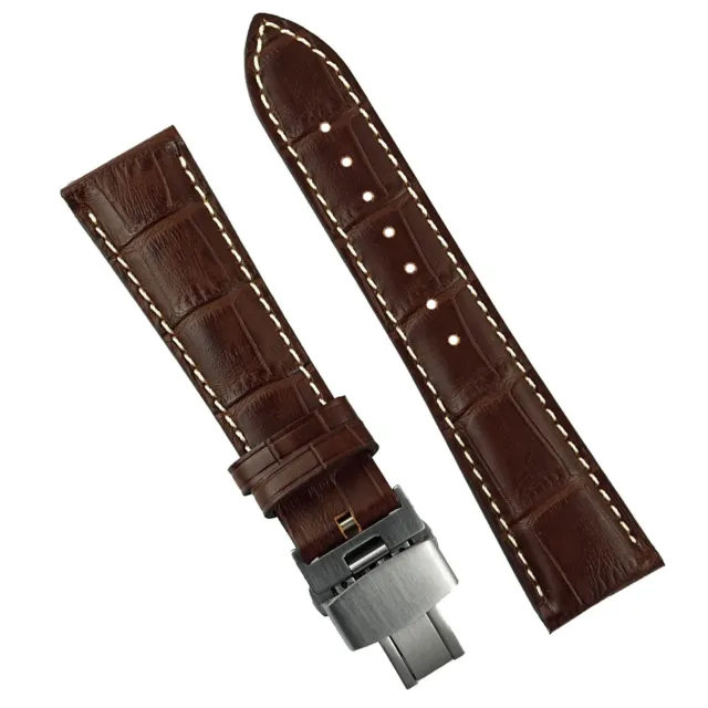 B & R Bands Brown Gator White Stitch Deployant Watch Band Strap 20mm 22mm