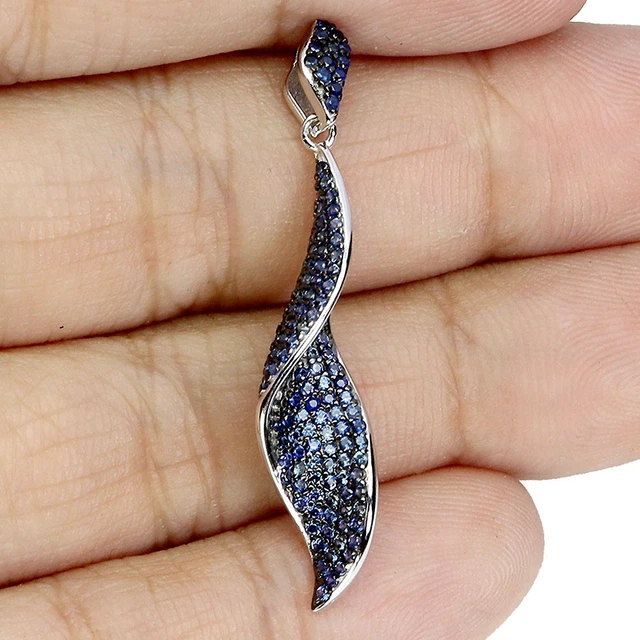 Pendentif Saphir Simulé Et Diamants – Plaqué Or Blanc 14K – 12 Carats – Longueur 45,7 Cm – Neuf Sans Boîte