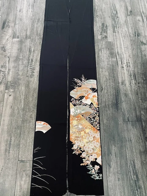 Wabisabi #E 7.5x60 LONG Embroidery Hand Painted Tomesode Black Kimono Silk ToD97 2