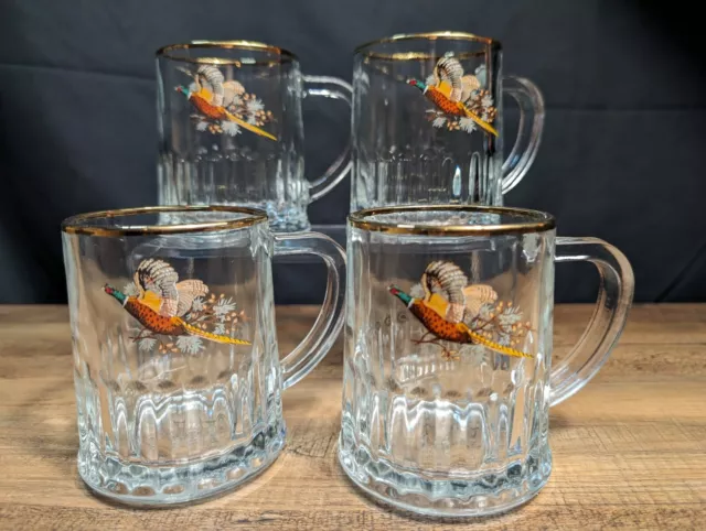 SET of 4 GILT RIMMED PHEASANt Half Pint Tankard GLASSES Vintage made In England