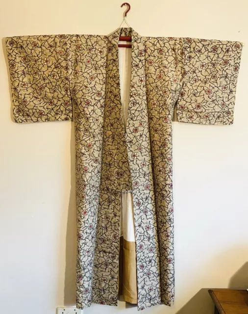 Japanese Vintage Kimono Cotton And Silk Beige Flower Pattern, VGC