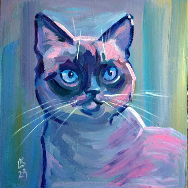 Siamese Cat Portrait Painting Original Collectible Art Feline Pet Impressionism