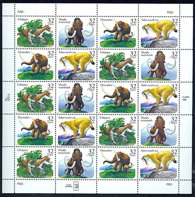 USA Sheet 20 PREHISTORIC ANIMALS STAMPS Wooly Mammoth Mastodon Saber-toothed Cat