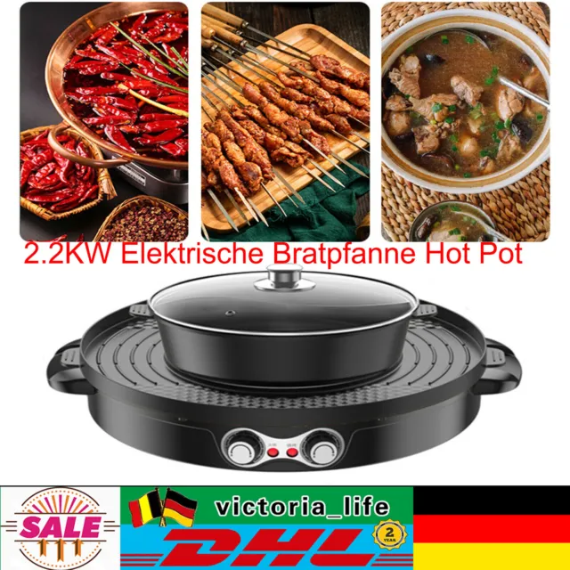 2.2KW Elektrische Bratpfanne Hot Pot Grillpfanne Multi Cooker Grill Braten BBQ