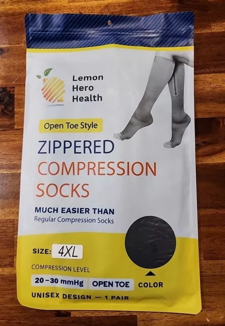 Lemon Hero Health Zippered Compression Socks Open Toe 4XL 20-30 mmHg Black