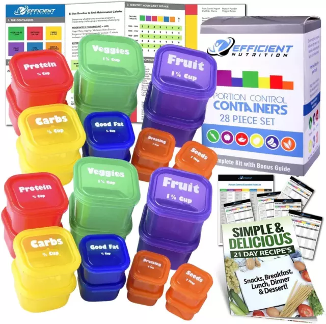 Portion Control Containers DELUXE Kit 28 Pcs Meal Prep System Guide and Planner