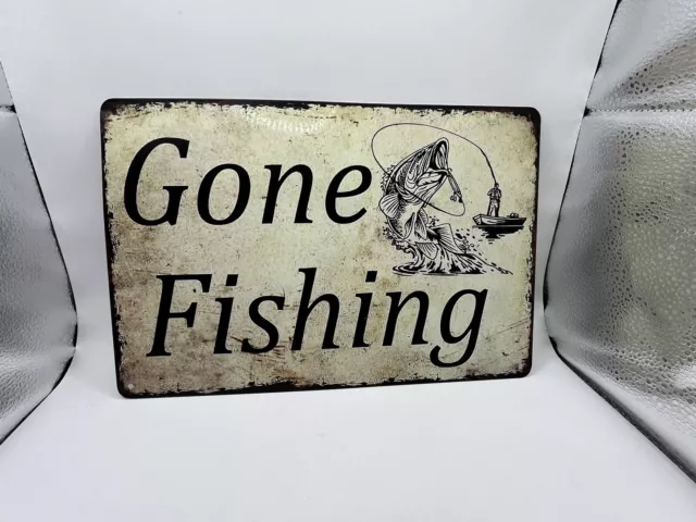 Vintage Tin Sign | Gone Fishing | 8” X 12” Inch | Retro Decor Art | Metal | 2