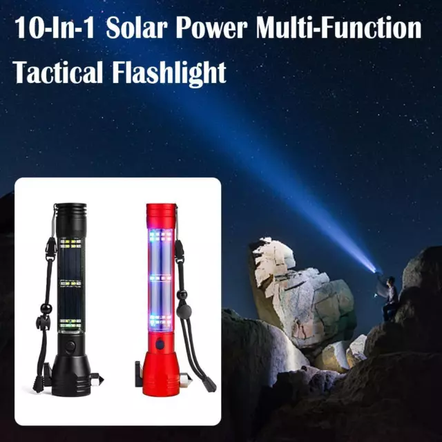 Solar Power LED Flashlight 9in1 Multi-functional Safety Hammer Torch Light U8J9