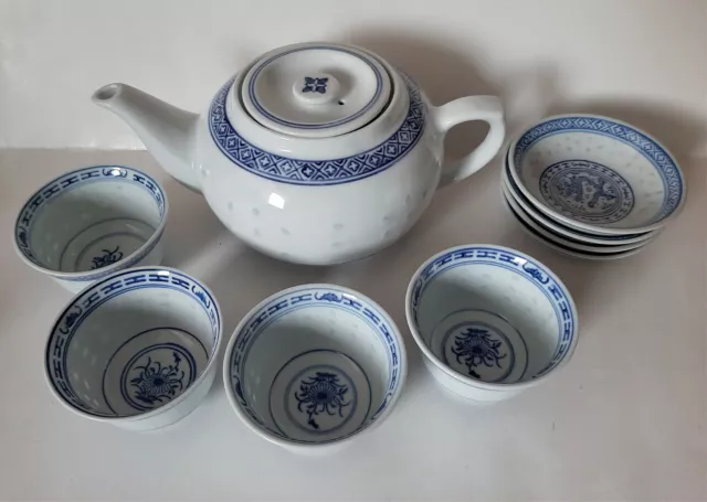 Vintage Chinese Linglong Blue & White Rice Eyes Grain Porcelain Tea Set, 9 Piece