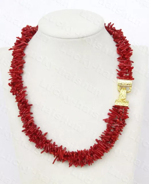 natural 18" 3row Baroque tooth branch red coral necklace gold plated clasp c1187