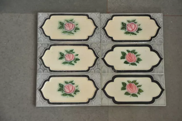 6 Pc Vintage Rose Flower Embossed FM Fish Mark Ceramic Tiles,Japan
