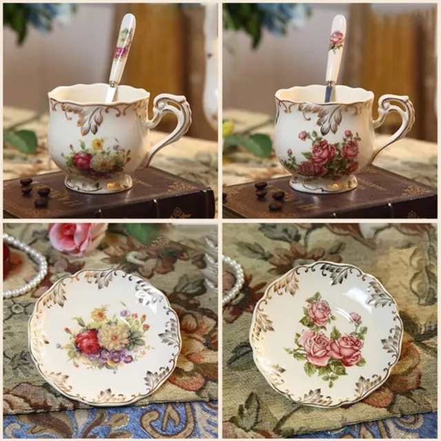 Coffee Cup Retro Flower Rose Ceramics Teas Cup Set with Saucers Spoon Drink 2