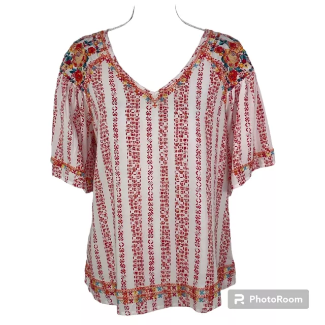 Savanna Jane Top Blouse Size M Embroidered Red White Short Flutter Sleeve Boho