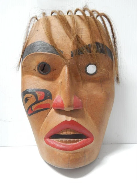 Dated Vintage Haida Nw Coast Indian Yellow Cedar Portrait Mask +Eagle T. Barton