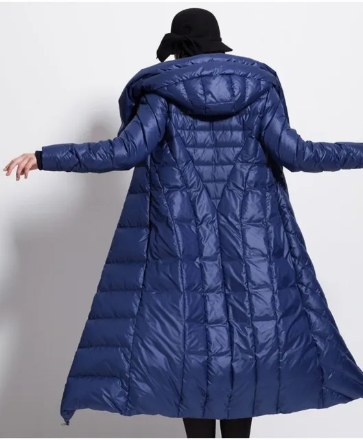Womens Winter Down Coat Waterproof Long Thick Large Size Hat Black Dark Blue