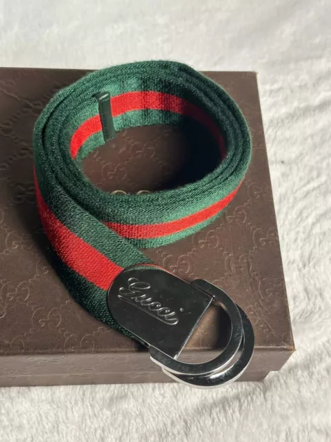 GUCCI OLD Logo Web Stripe Belt Green Red Silver Canvas Italy Authentic 38