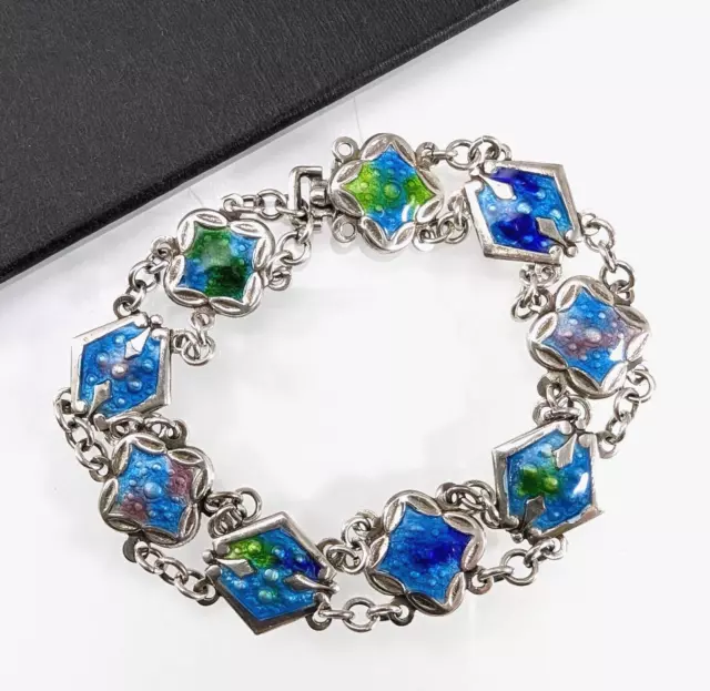 Arts & Crafts Sterling Silver Enamel Bracelet - Art Nouveau - Blue Green