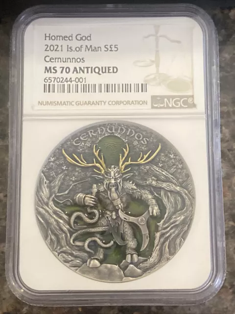 2021 $5 Niue Horned God CERNUNNOS Antique Finish 2 Oz Silver Coin. MS 70 NGC