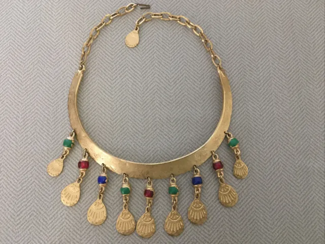 Vintage 70s Etruscan Egyptian Revival Gold Tone Faux Stone Bib Choker Necklace