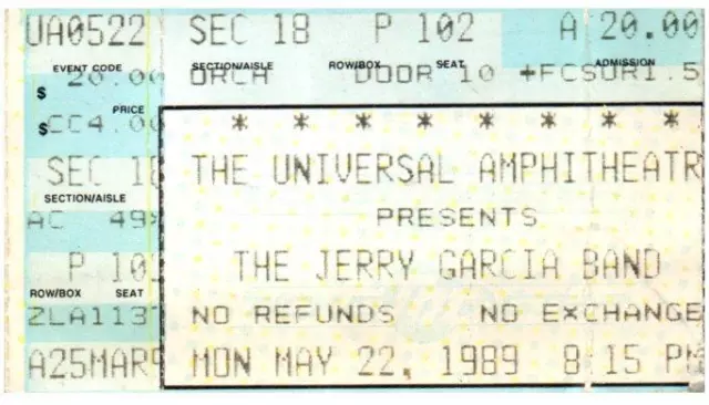 Jerry Garcia Band Concert Ticket Stub May 22 1989 Los Angeles California