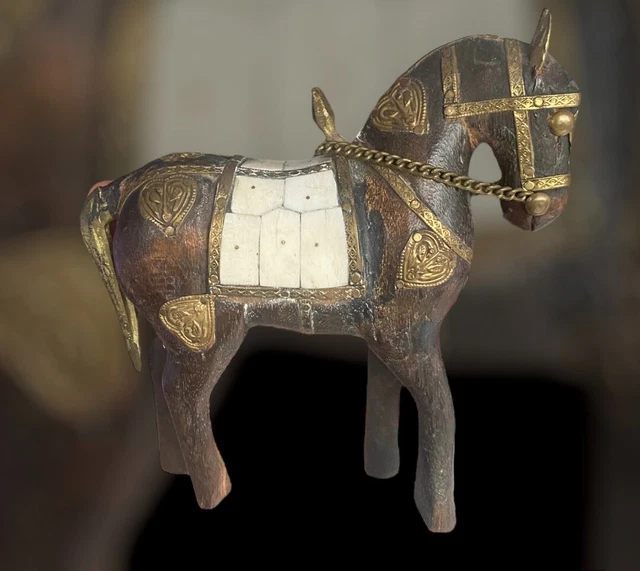 Antique Carved Wood War Horse Figurine Unique Horse Decor Horse Collectible Copp