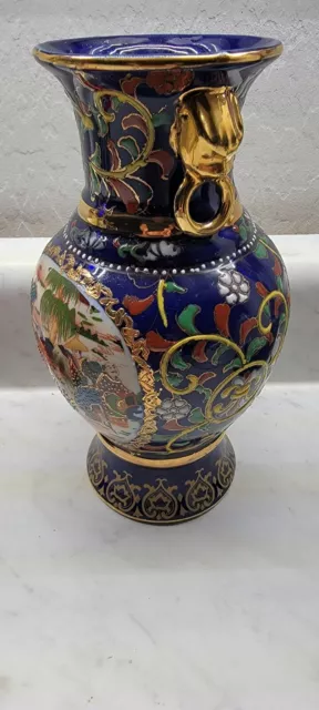 Vintage Chinese Cloisonne Enamel Vase Gold  Hand Painted 8" tall
